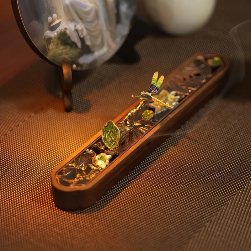 Black Walnut Wood Incense Stick Burner, Enamel Relief Crafts Sandalwood Coil Base Line Incense Holder Meditation Yoga Decoration