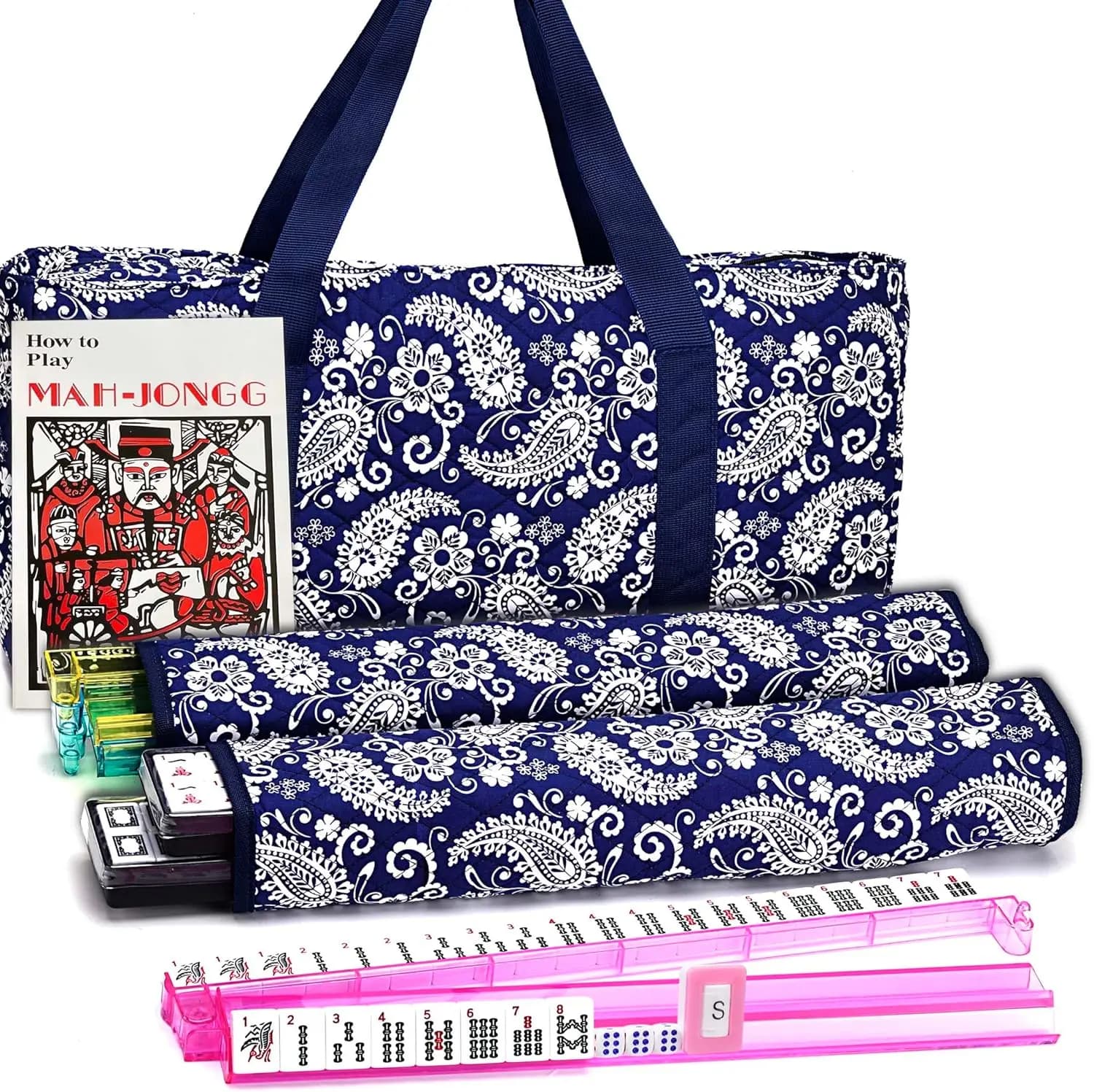 Set Mahjong Americano con Borsa Blu Paisley, 166 Tessere, 4 Supporti/Spingitori, Gioco Completo