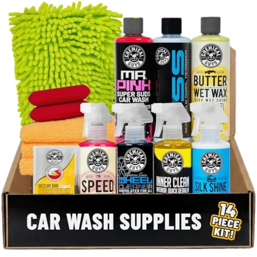 Kit per la pulizia dell'auto per interni ed esterni, strumenti in polipropilene, colore blu, set da 14 pezzi con 7 prodotti chimici da 16 oz.