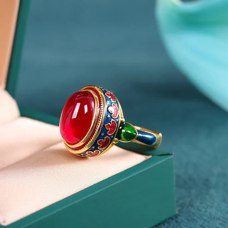 Anelli di corniola naturale originali in oro antico per le donne, gioielli da sposa di lusso leggeri in stile nazionale con smalto floreale