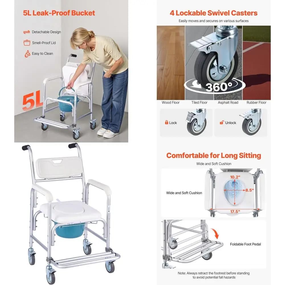 Sedia Robusta con Ruote, WC Portatile 4-in-1, Sedile Rialzato con Cuscino, Poggiapiedi Pieghevole, Secchio Rimovibile da 5L
