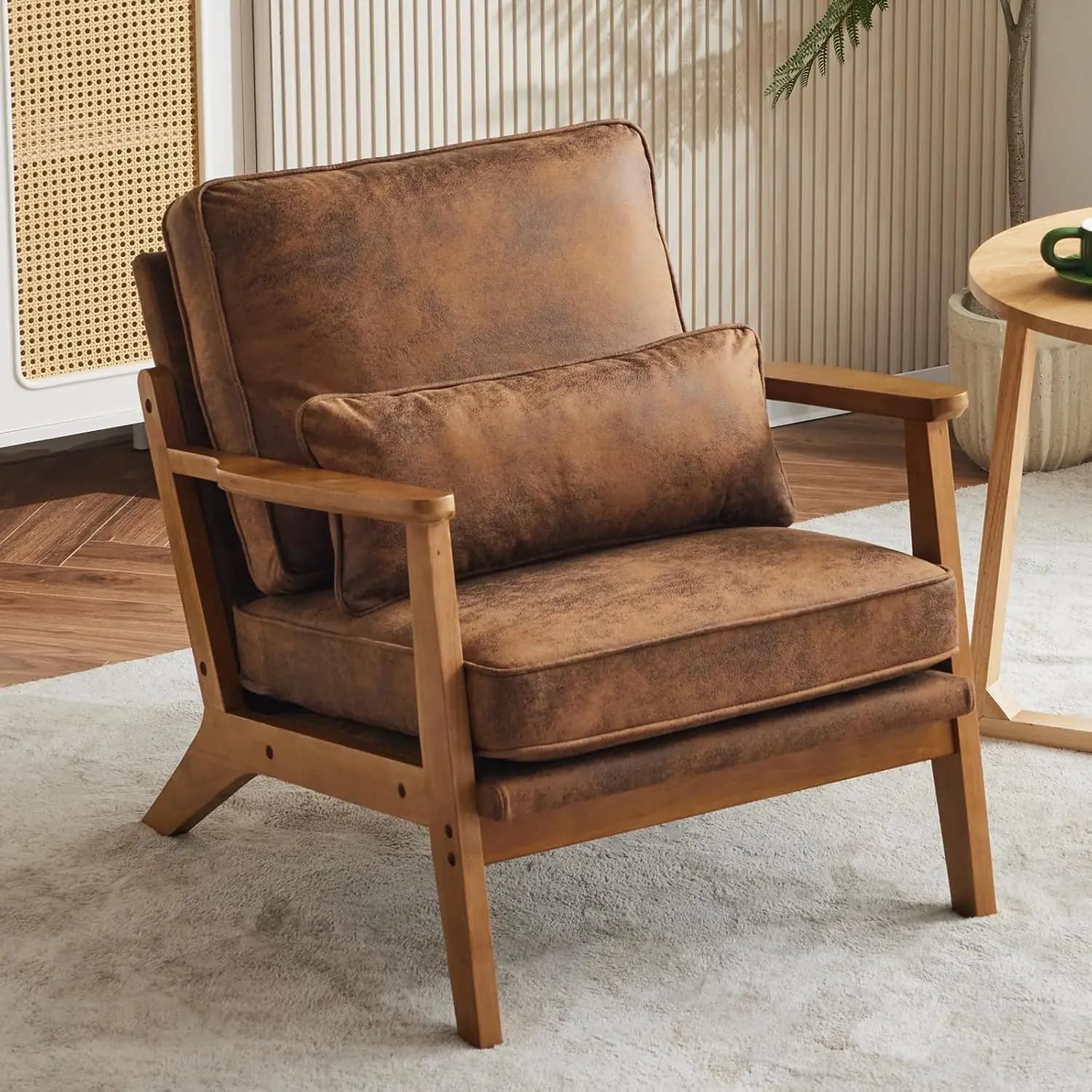 Accent Chair Wide Armrest Mid-Century Lounge Chair Bronzing Cloth Armchair with Lumbar Pillow & Solid Wood Frame, Customized