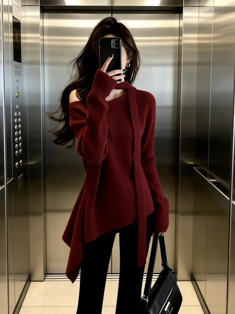 Splendido Top da Donna in Maglia Lavorata a Mano, Collezione Primavera 2026, Lusso Elegante Stile Francese, con Cintura, Maniche Lunghe, Lunghezza Media