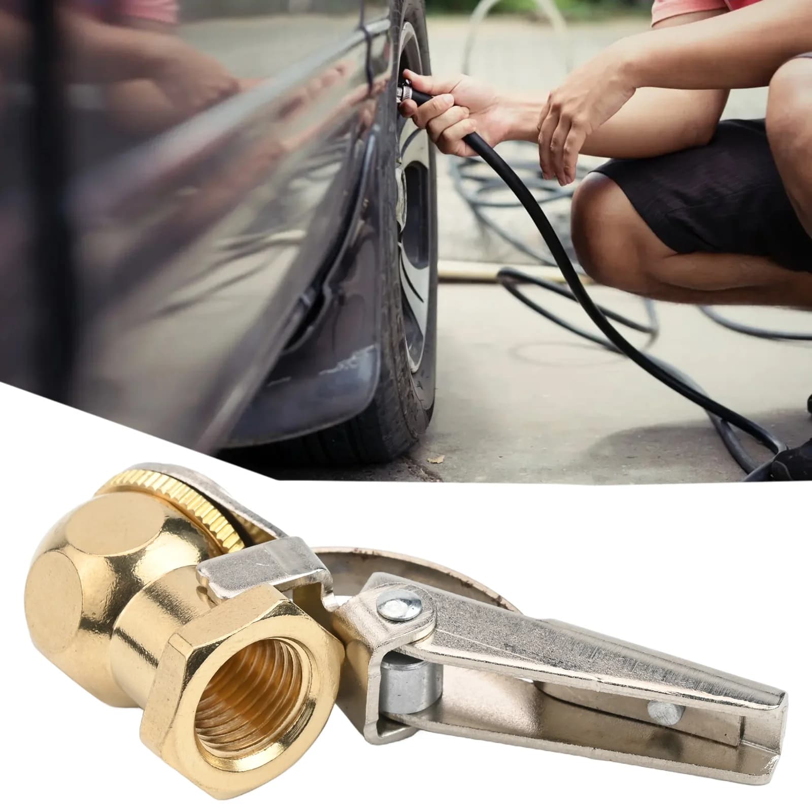 1 Pezzo Ugello Gonfiagomme in Ottone da 1/4 di Pollice FNPT con Attacco a Sfera Chiuso e Clip di Sicurezza per Accessori Pneumatici Auto, Bici, Moto