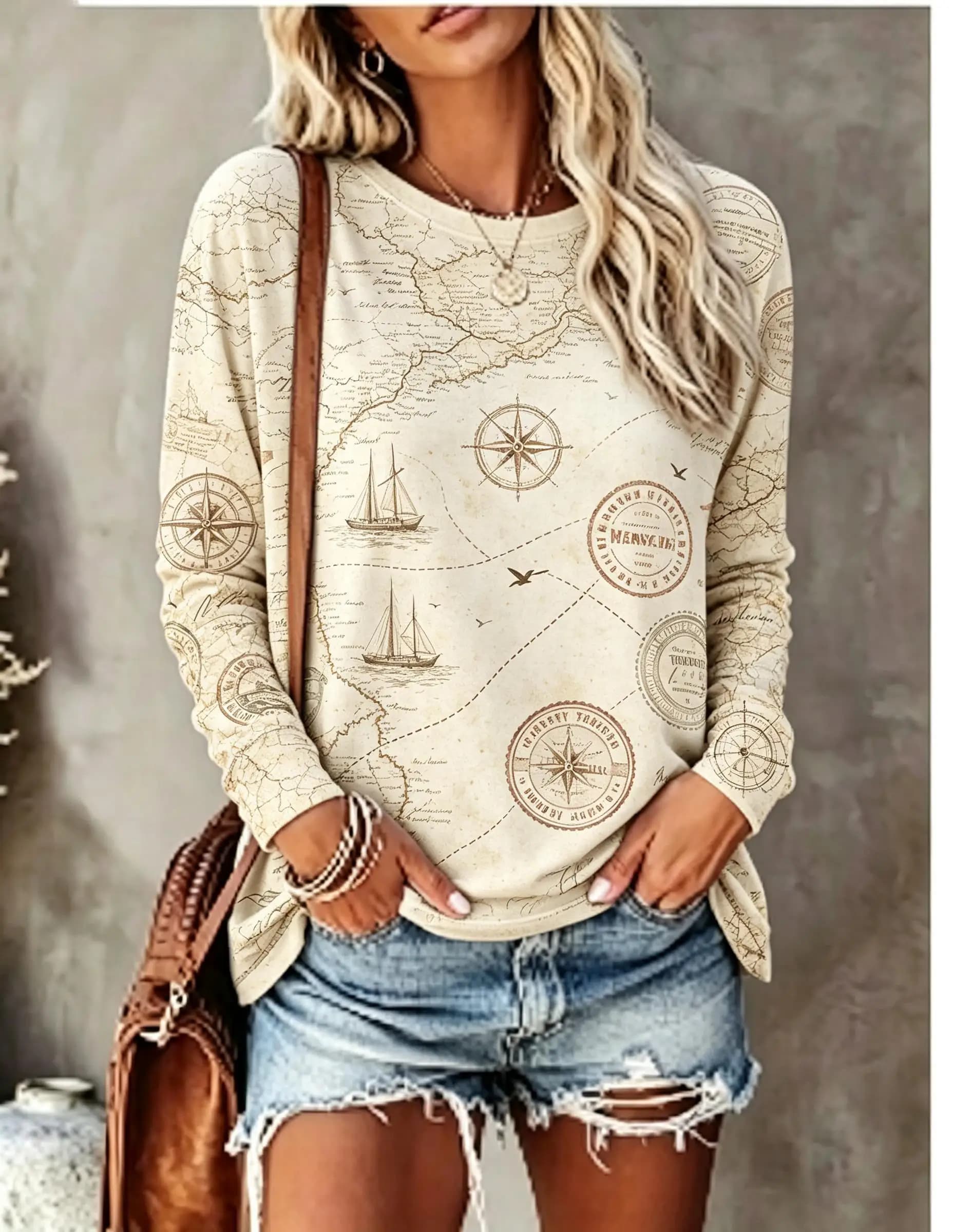 Women Long Sleeve T‑Shirt Vintage Nautical World Map Compass Sailboat Stamp Print Crew Neck Casual Tops