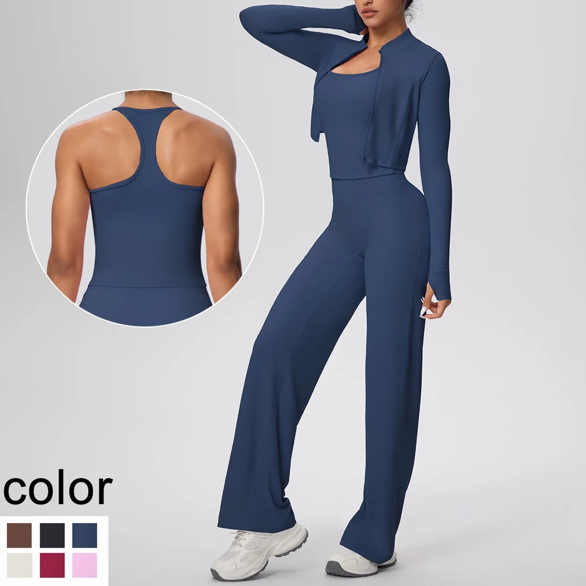 Abbigliamento fitness sportivo rapido da donna Set da yoga Gilet a forma di I in tinta unita senza schienale con imbottitura sul petto, pantaloni a maniche lunghe con cerniera per yoga