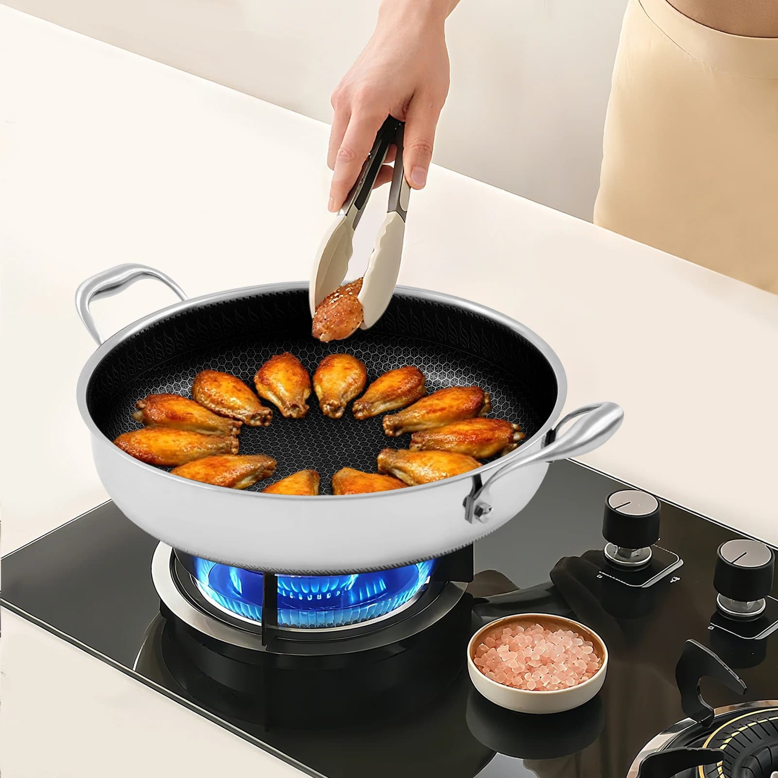 Padella 32*6,5 cm/12,6*2,6 pollici con 2 maniglie e coperchio, padella a fondo piatto per ristoranti da cucina