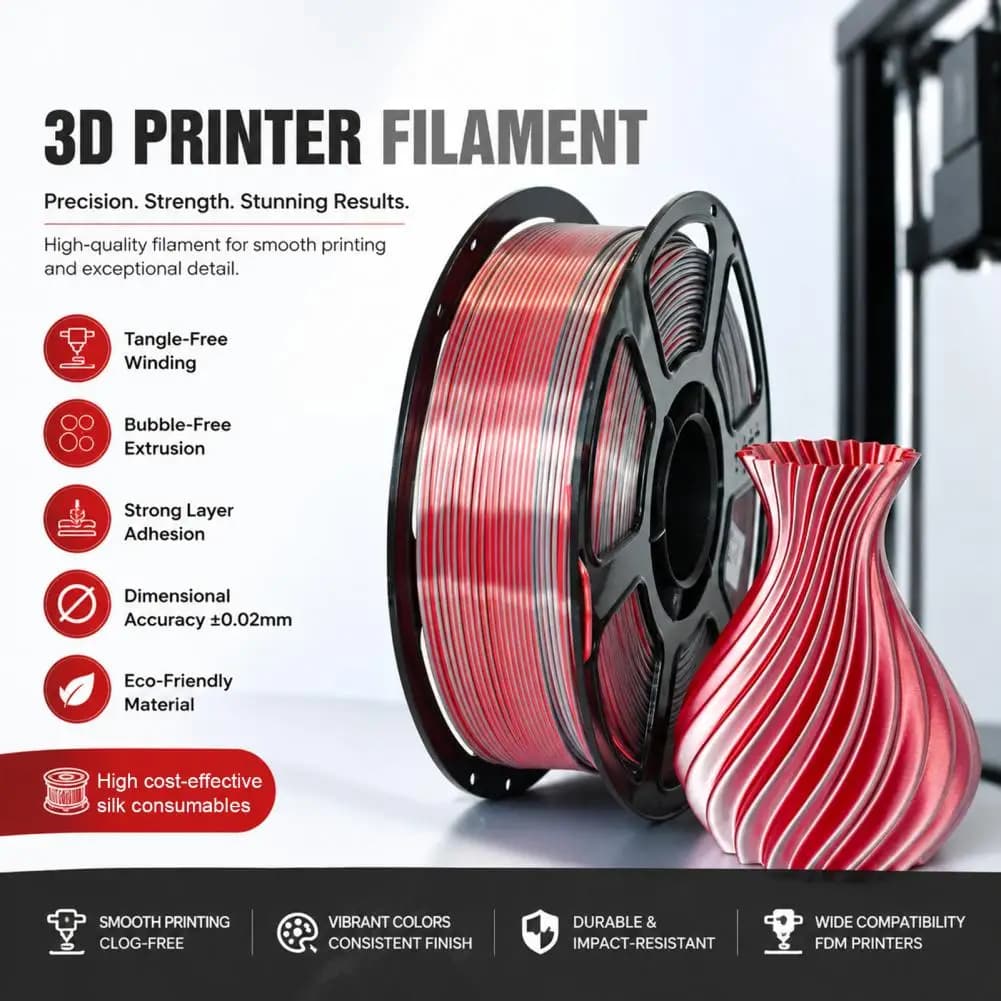 PLA 3D Printer Filament 1.75mm, Red Silver Dual Color Silk Filament, 3D Printing Accessories Material