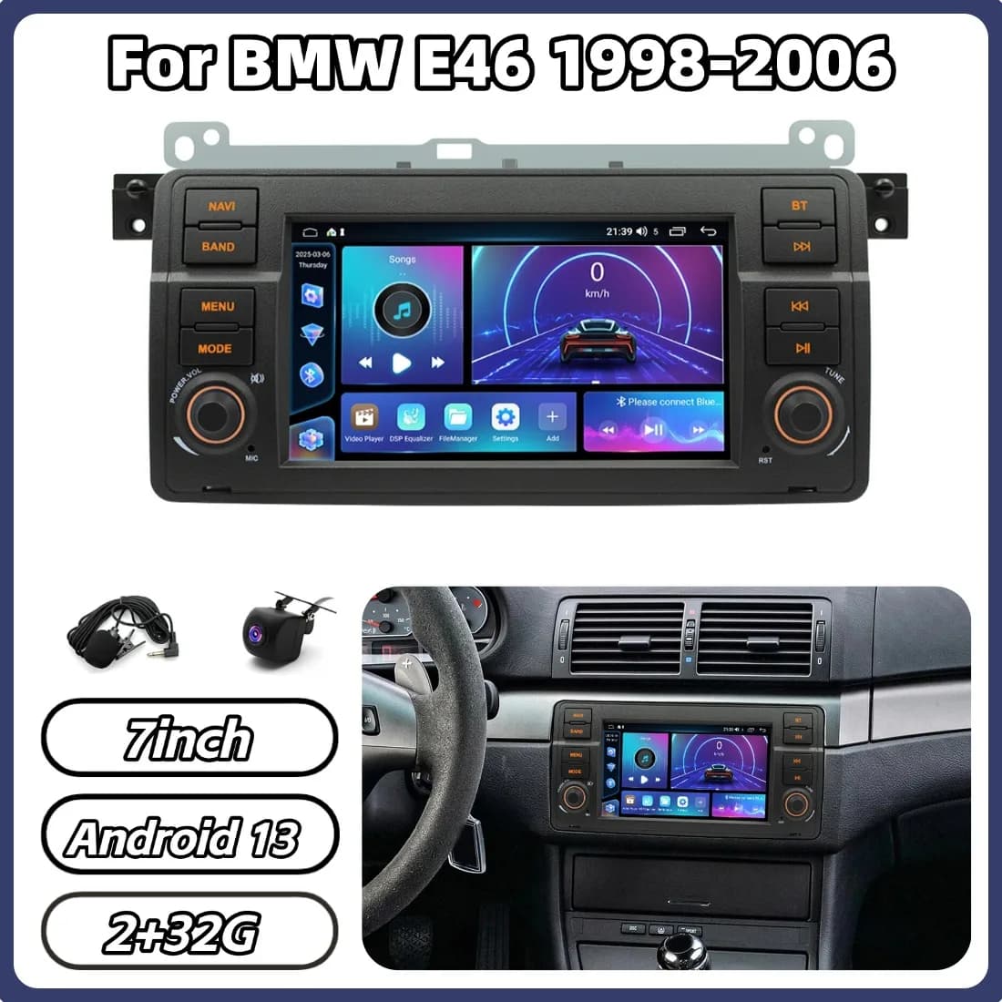 Autoradio Android 13 from 7 inch 2+32G for BMW E46 1998-2006 with WiFi, Bluetooth 5.1, music for CarPlayer, Android Auto accessories