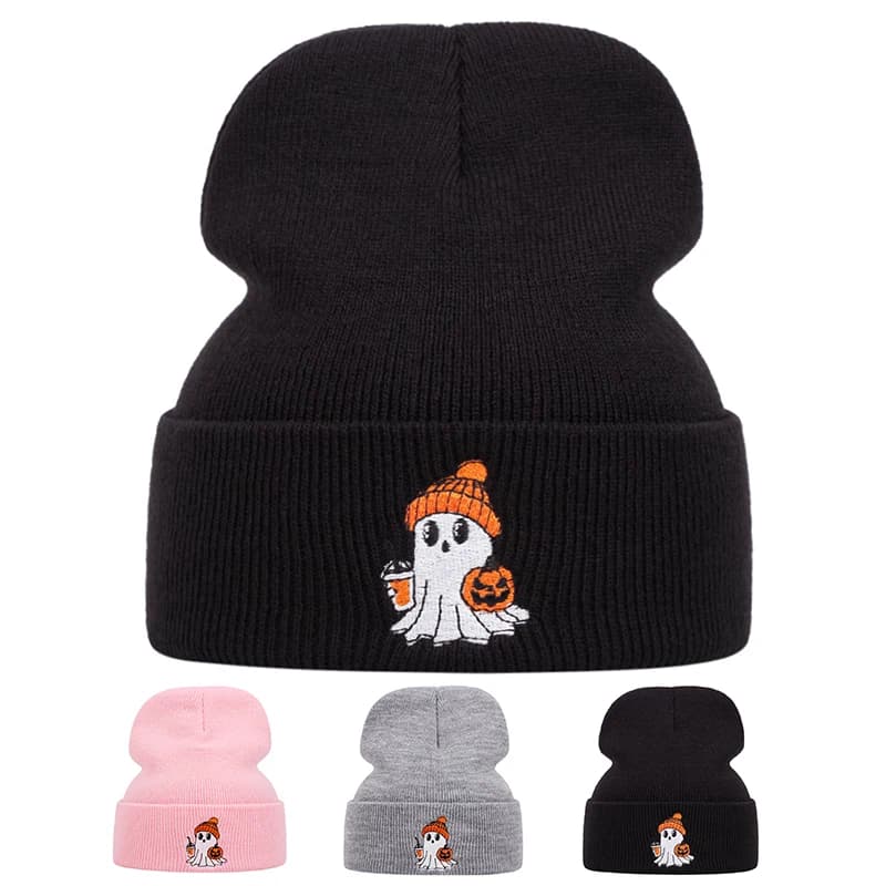 Halloween pumpkin Little ghost embroidered knitted hat, autumn and winter outdoor sports event warm woolen hat