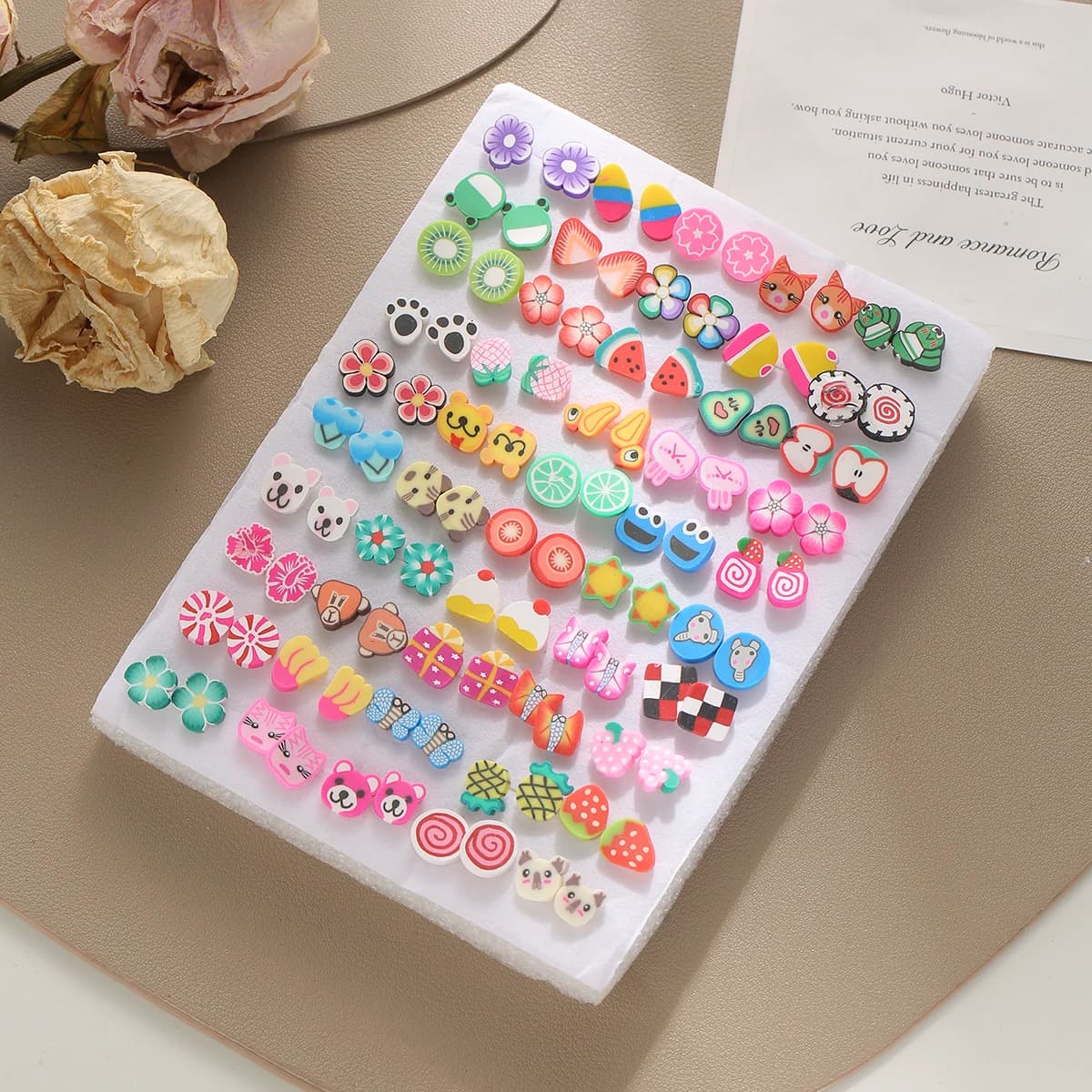 50 paia/set Orecchini a bottone in argilla polimerica con fiore di fragola elefante Set per donne Ragazze Orecchini con animali da frutta Set regali di gioielli