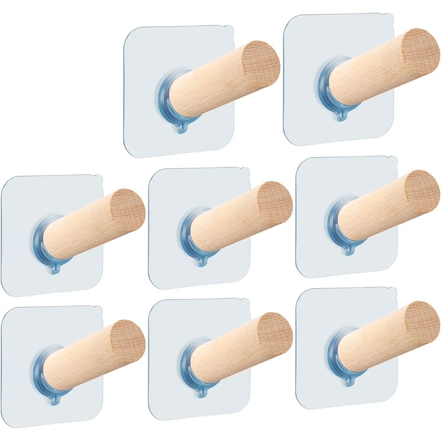 Adhesive Hat Hooks 10lbs Sticky Wall Rack for Baseball Caps, Bucket Hats, Cowboy Hats, Extended Wooden Pegs Handmade - 8 Pack