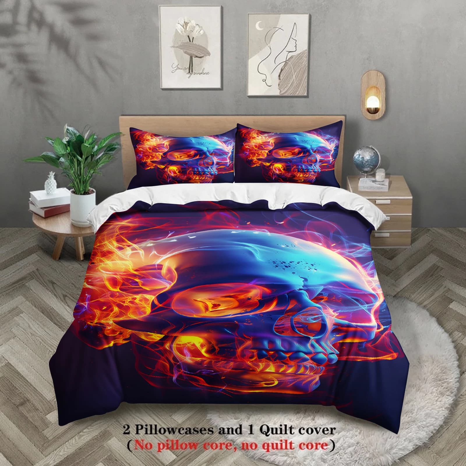 Set di biancheria da letto con stampa 3D a forma di teschio, motivo fiamma, antiscivolo, resistente alle macchie, con federe, senza imbottitura.