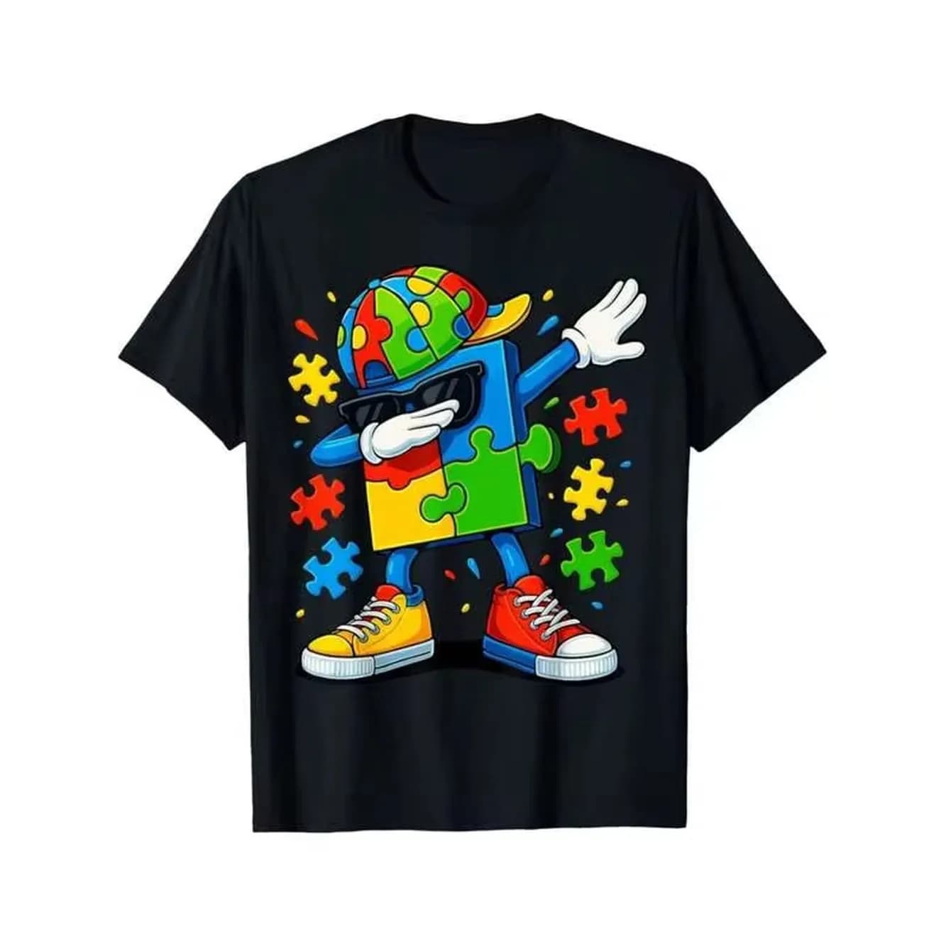 Dabbingpuzzle Autism Awareness Tshirtcolor Puzzle Dancing Characters Round Collar Regular Version Very Suitable Adult Optimistic Pattern Tshirt Vivid