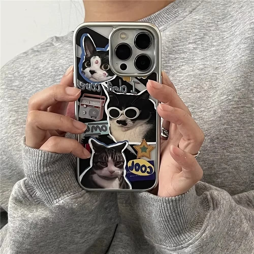Cute Cool Cartoon Sunglasses Cat Phone Case For iPhone 17 Air 16 e 15 14 13 12 11 Pro Max Plus SE Electroplated Frame Cover