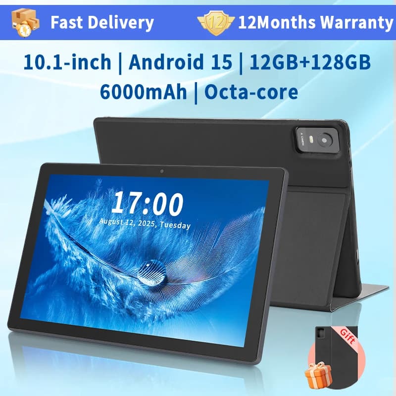 Android 15 tablet with keyboard, 10.1 inch tablet with 12 GB of RAM+128 GB of ROM (1 TB expansion), WiFi 2.4G/5G from 6000 mAh, double camera from 5 MP+13 MP
