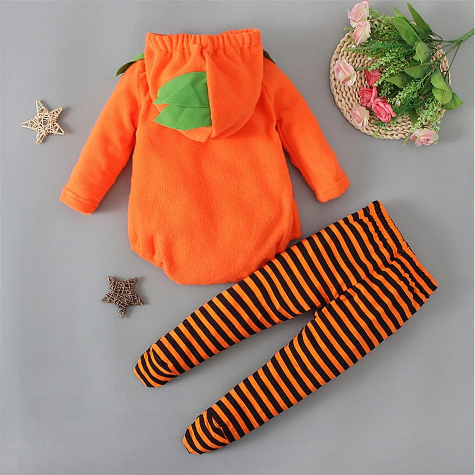 Baby Halloween Cute Outfits Orange Pumpkin Face Fleece Bodysuit And Stripes Leggings 2pcs Set My First Halloween Baby Costume