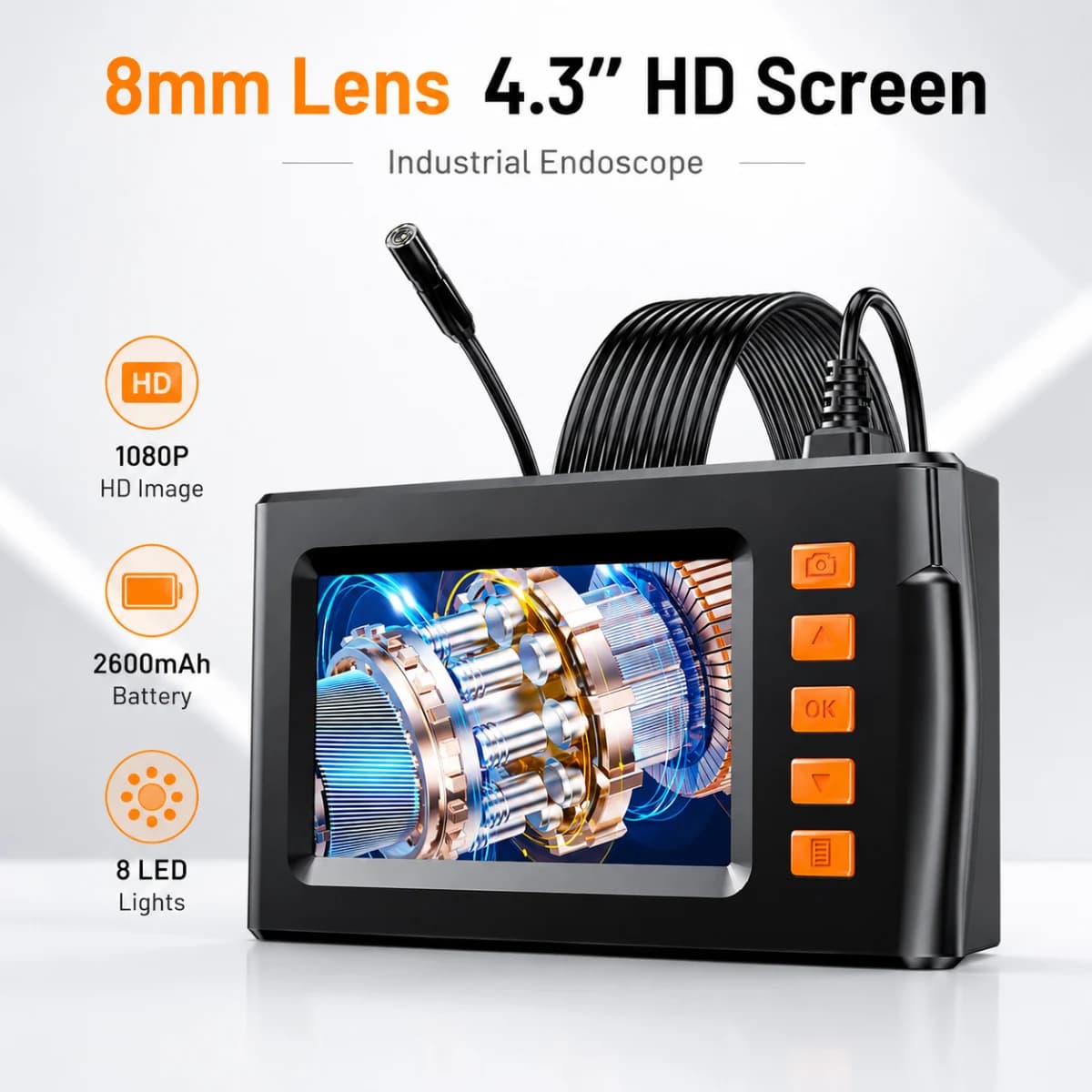 4.3" IPS Industrial Endoscope Camera 1080P HD 8mm Borescope Inspection Snake Camera Auto Engine Cylinders Pipe Drain Wholesale