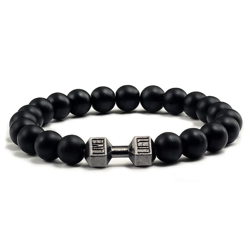 Bracciale con Perle Vulcaniche Naturali - Gioielli Fitness con Ciondolo a Bilanciere per Uomo e Donna, Design a Manubrio Nero Opaco