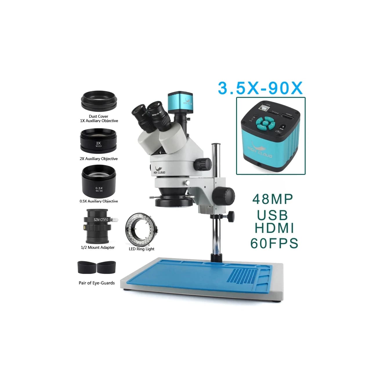 3.5X-90X Microscopio Digitale Fotocamera 48MP USB VGA 60FPS Microscopio Stereo Trinoculare Oculare Saldatura IC PCB Video Microscopio