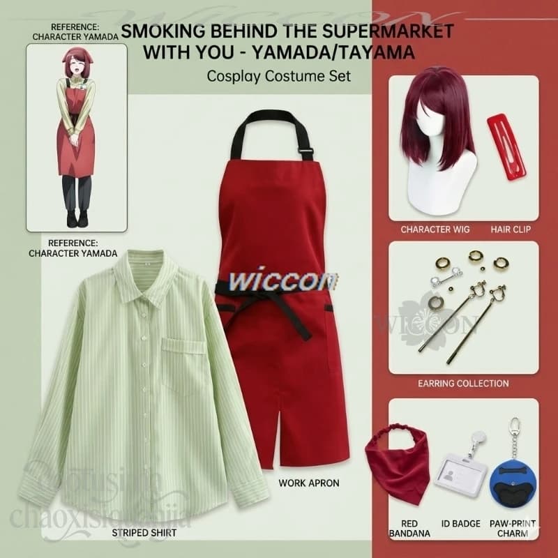 Tayama Yamada Staff Red Apron Shirt Headscarf Hair Clip Work Card Full Set Cosplay Anime Smoking Behind The Supermarket With You