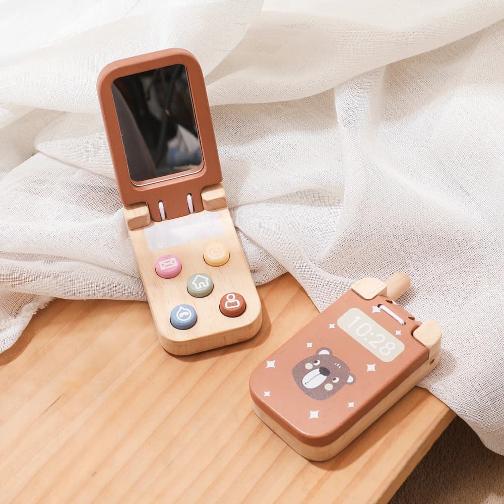 Wooden Baby Montessori Toy Cartoon Bear Flip Phone Toys Phone Shape Puzzle Early Educational Toys For 1-3 Year Children Kid Gift