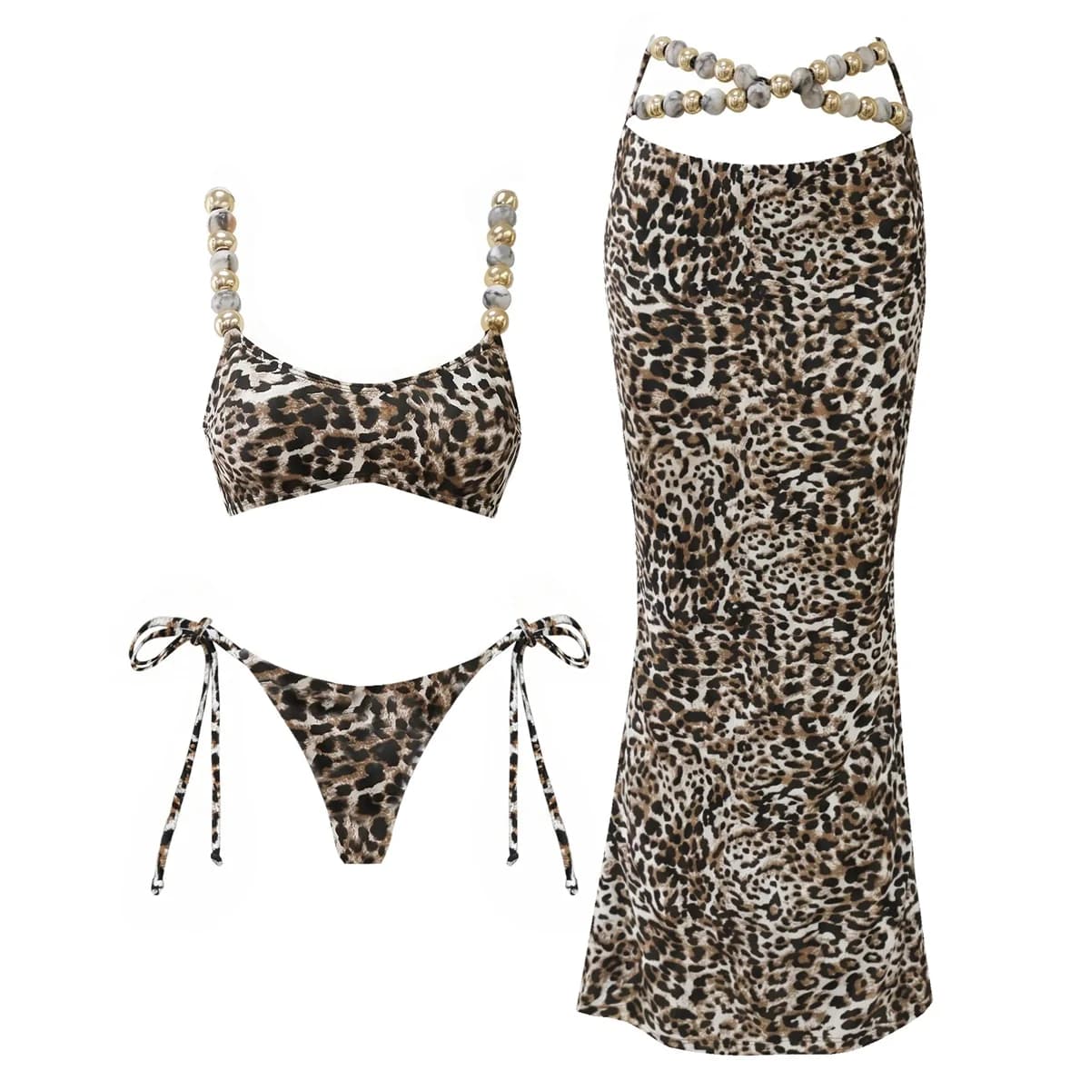 Costume da bagno leopardato 3 pezzi con bottoni, bikini sexy da donna 2026, gonna lunga, push-up, bandeau, biquini, abbigliamento da spiaggia