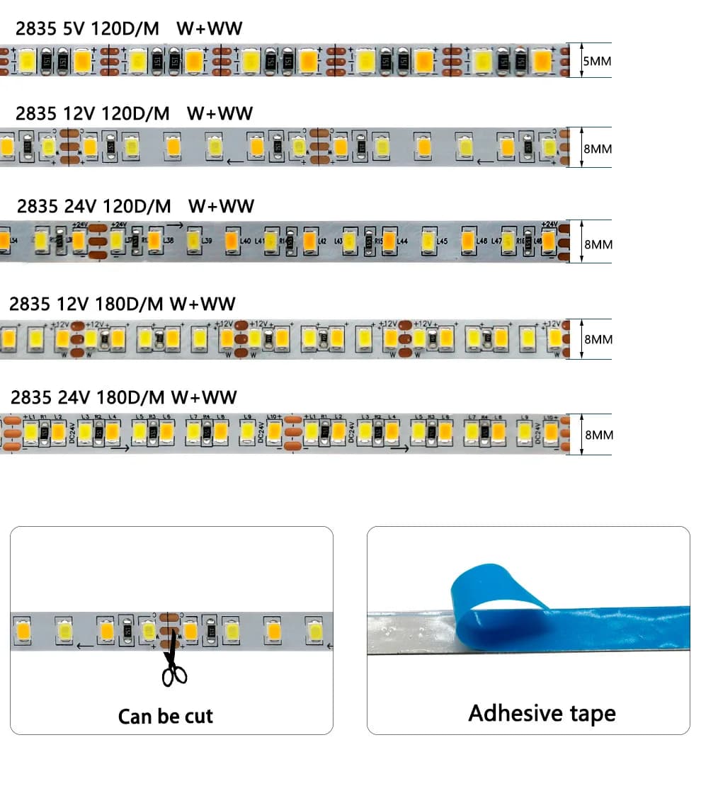 5V 12V 24V 2835 CCT LED Strip 3000K-6000K Dual Color Warm White + Cool White LED Tape 120 180 240 LED/M Flexible Light Strip