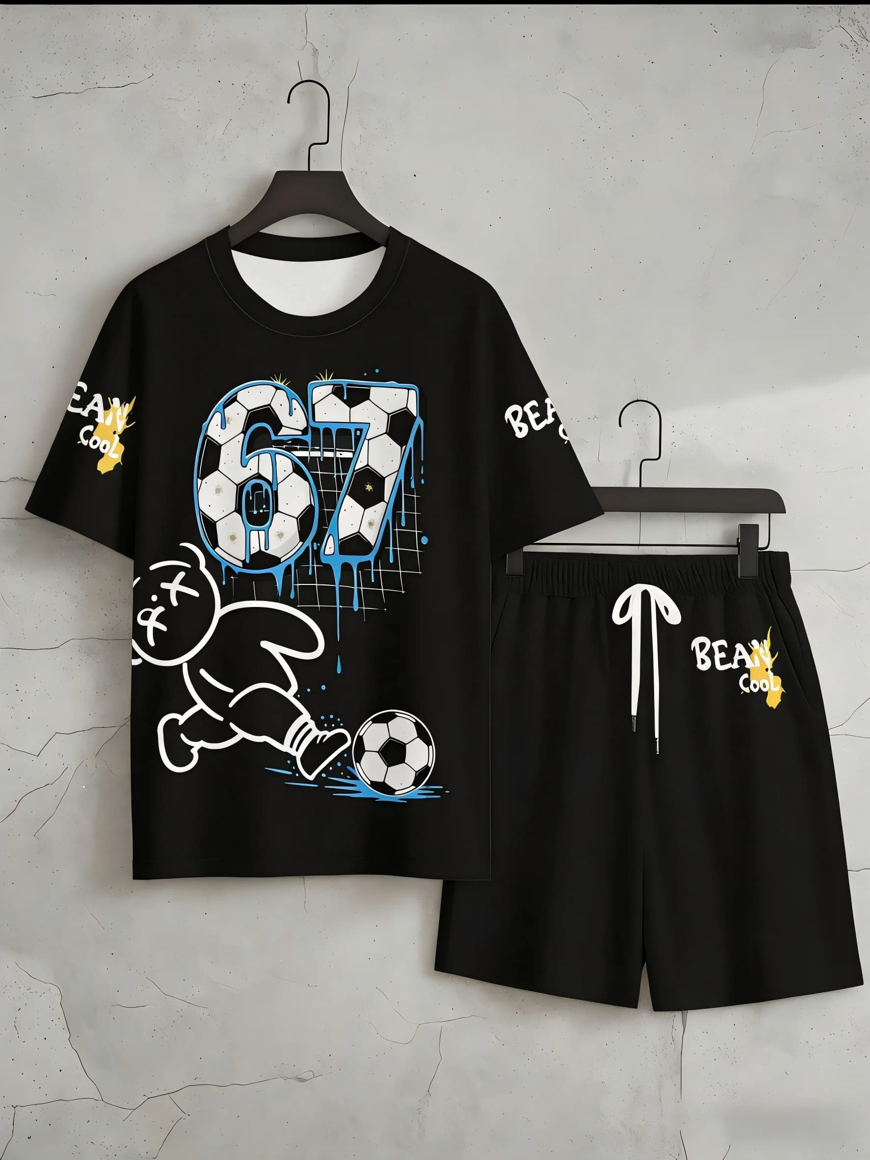 T-shirt da uomo estiva con stampa di orsetti, comoda e traspirante, con scollo rotondo, pantaloncini con coulisse, set di abbigliamento casual da esterno