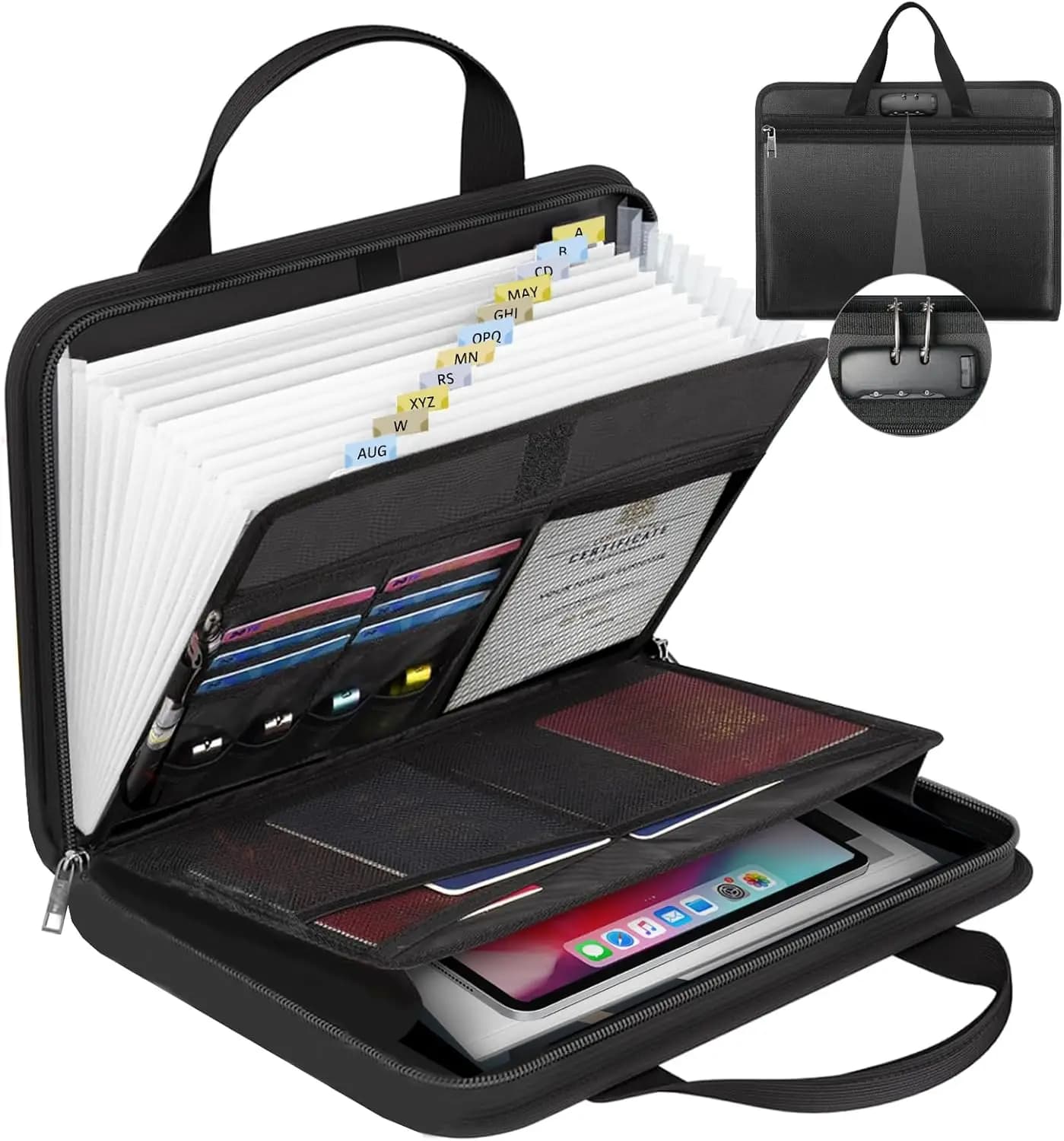 Organizzatore di Documenti Ignifugo, Cartella Espandibile a Fisarmonica con Chiusura a Zip e Etichette, 13 Tasche, Porta Documenti e Organizzatore