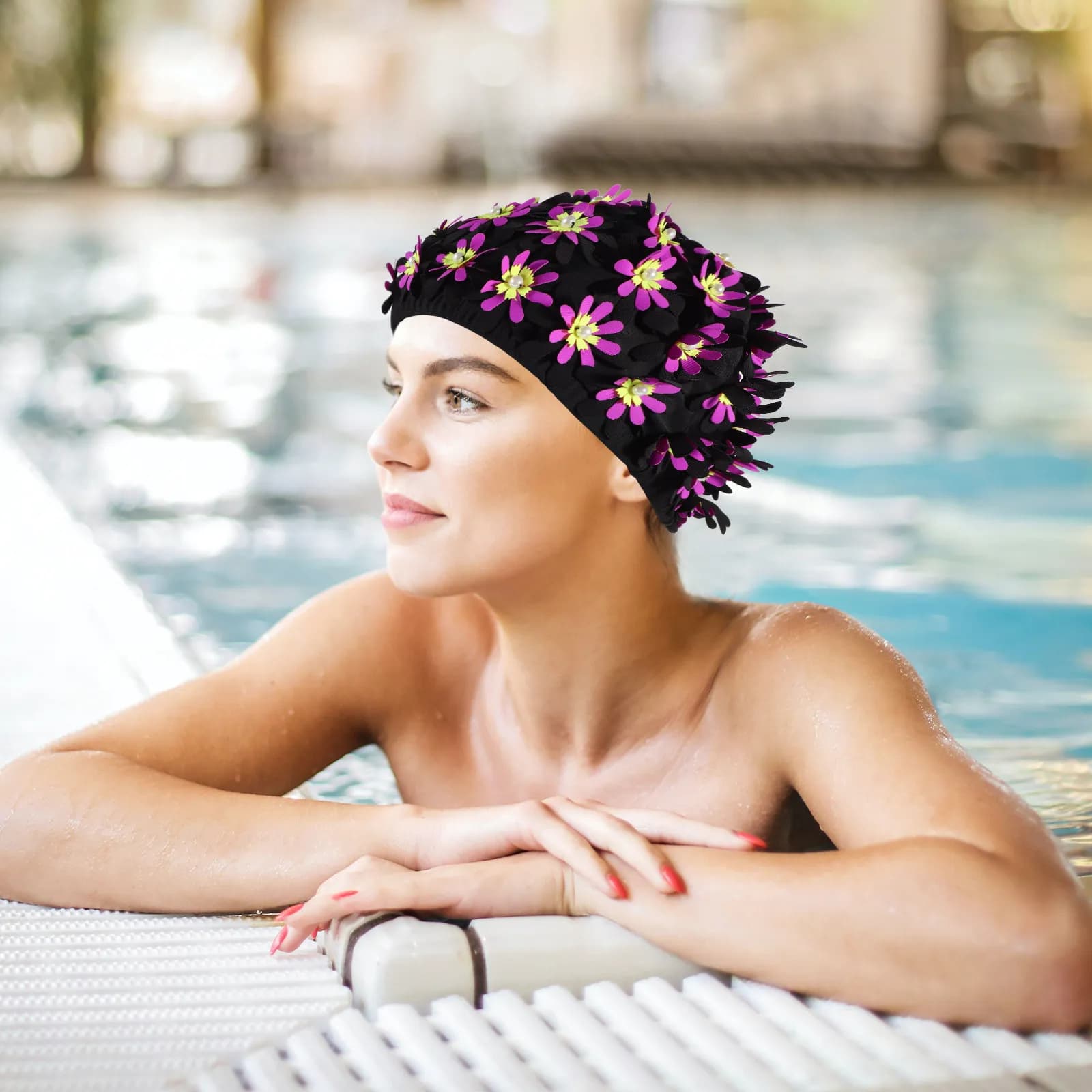 Floral Swimming Headphone for Women, Reusable, Double Layer of Fabric, Elegant Design with Pearls, Comfortable Bathroom Hat for Pool and Spa