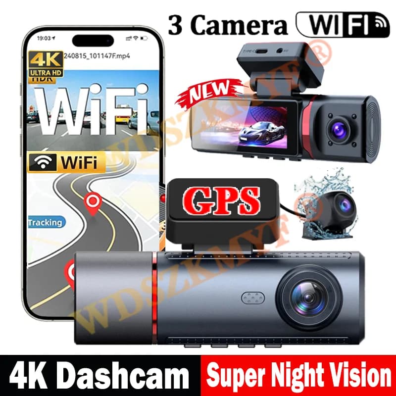 Dash Cam for Car 4K 3 Channel VCR WIFI GPS DVR for Car Front parking monitor with rear view Night vision Black box for car