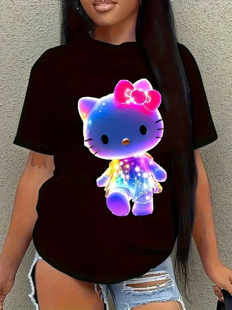 T-shirt grafica Sanrio Hello Kitty Neon Glow per adolescenti T-shirt casual estiva a maniche corte Top girocollo con stampa divertente di cartoni animati