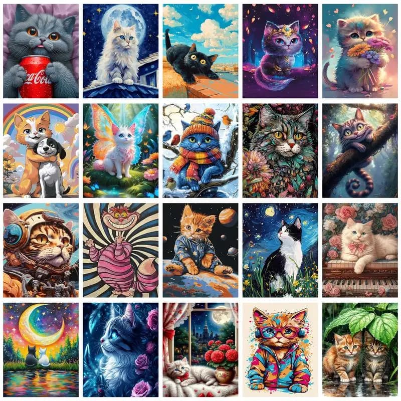 CHENISTORY Pittura a Numeri Gatto Cartone Animato per Adulti, Kit Fai da Te con Cornice, Quadro con Numeri, Animali, Pittura Acrilica su Tela, Decorazione per la Casa