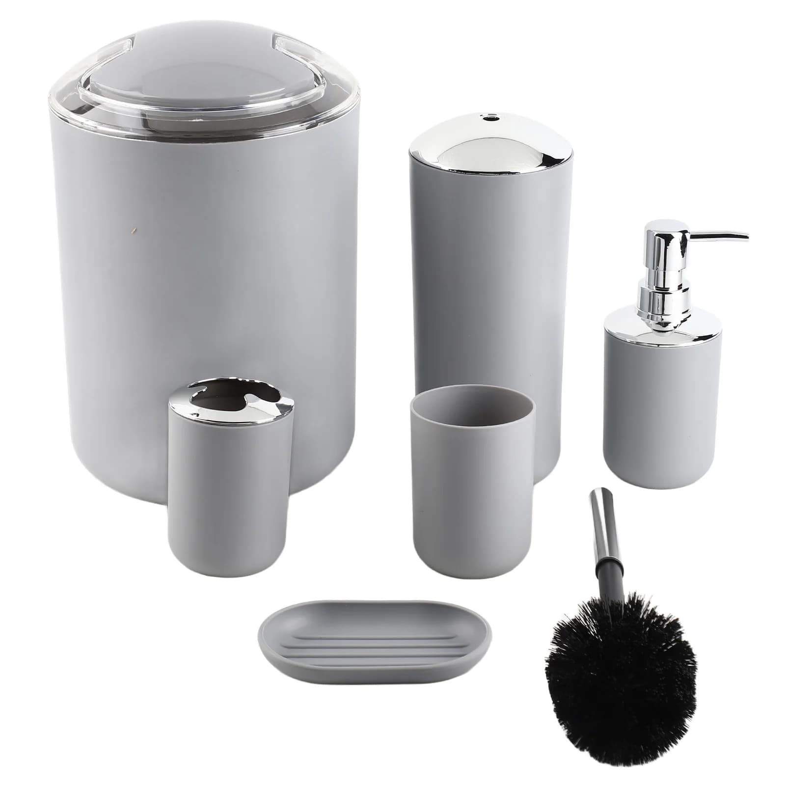 6 pezzi/set set di accessori per il bagno portabicchieri per spazzolino, pattumiera, dispenser di sapone, scopino per WC, bottiglia di lozione