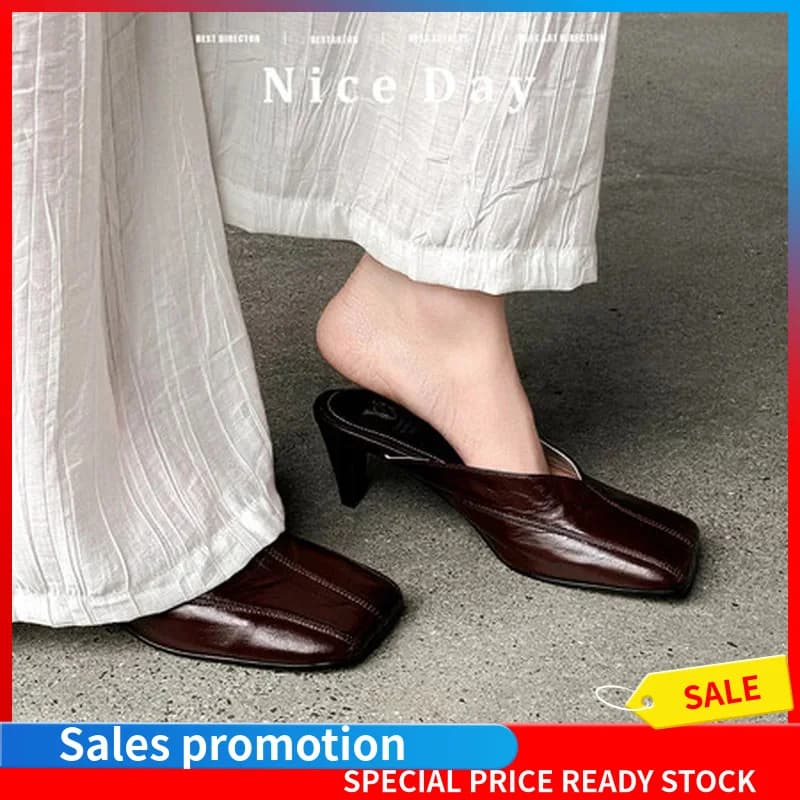 Vintage Genuine Cow Leather Backless Mules Square Toe Cone High Heel Slip On Water Dyed Summer Slide SandalsF79