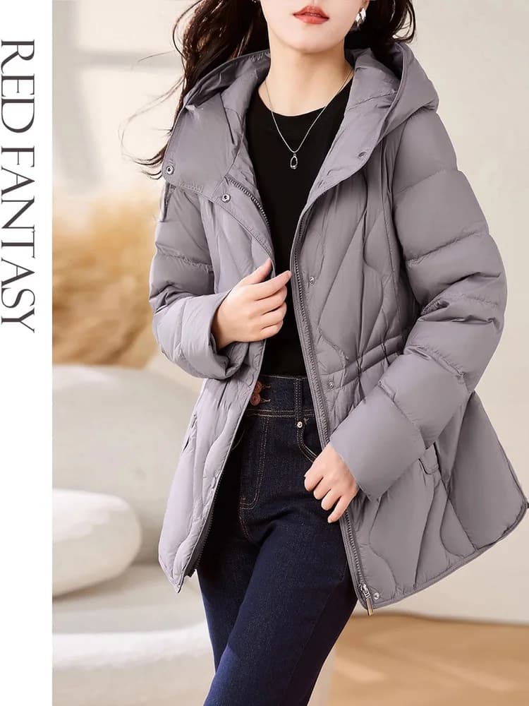Piumino da donna di media lunghezza, 90% piuma d'anatra bianca, caldo e snellente, nuovo stile autunno inverno, capospalla per il pendolarismo con cerniera