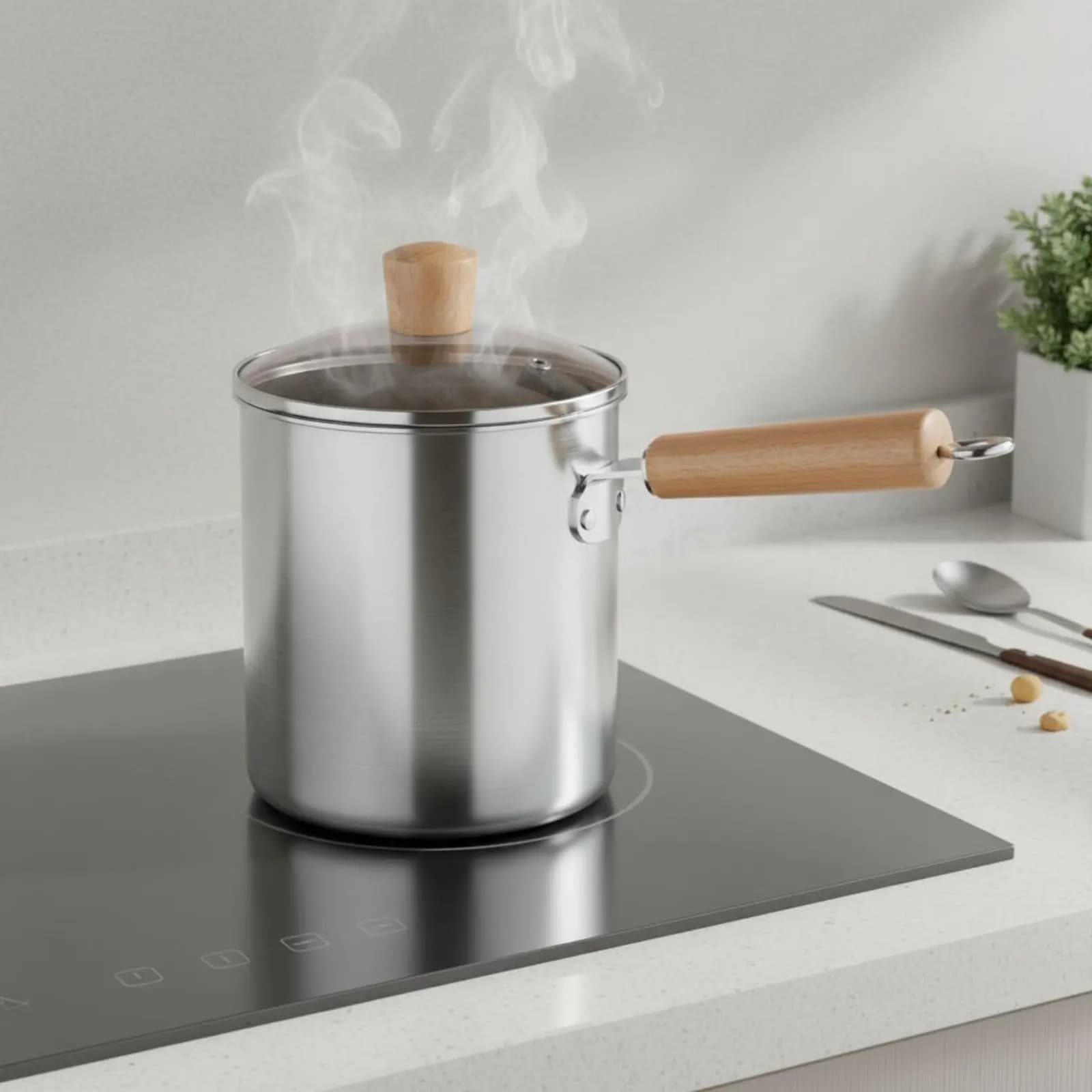 Small Household Deep Fryer Pot Wooden Handle Deep Frying Pot with Strainer Stainless Steel Crispy Battered Fryer Multifunctional