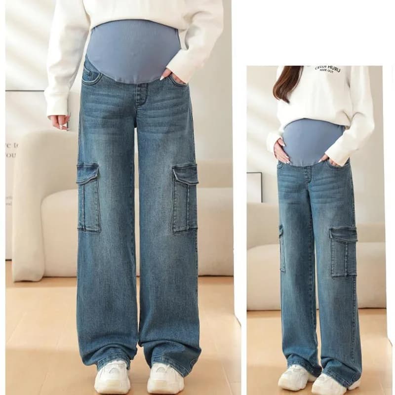 2025 Maternity Vintgae Jeans in denim washed for pregnant women Elastic dresses in waist Cloth Wide pants Clothing Pregnancy Dress