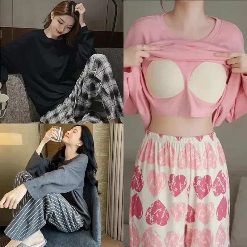 Autumn Women Padded Bra Sleepwear Set Long Sleeve Long Pants Built in Cup Two Piece Loungewear Casual Nightwear