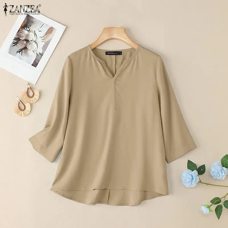 ZANZEA Women's Looose Blouses V-Neck 3/4 Sleeves Solid Color High-Low Tops Spring Summer Daily Casual Thin Blusas de Mujer