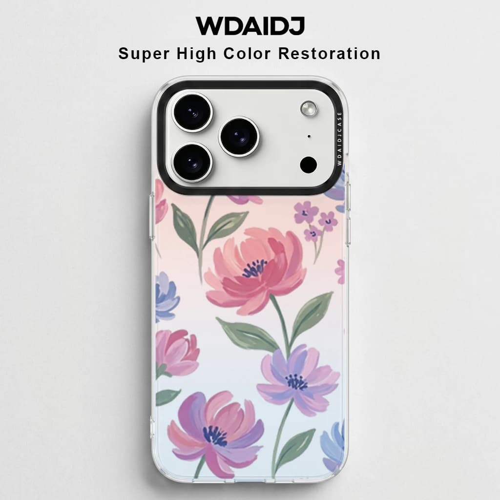 Gradient Watercolor Floral Print Clear Phone Case Anti Yellowing Shockproof Slim TPU Cover For iPhone 13 14 15 16 17 Series