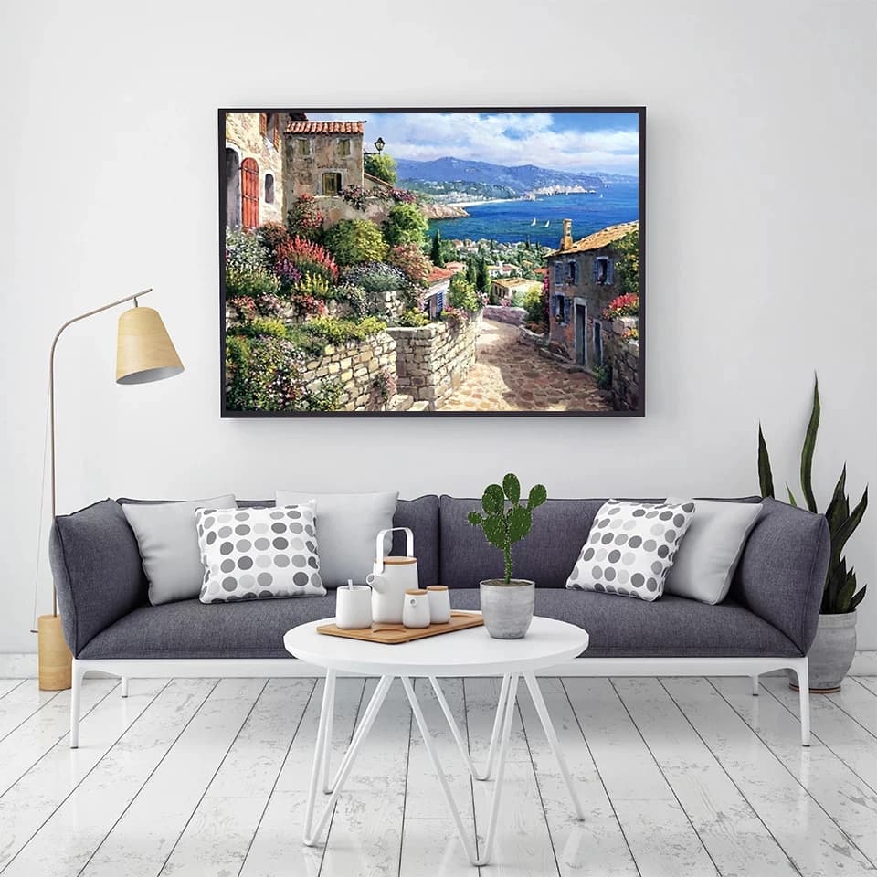 Quadri Diamantati Paesaggio Urbano Ricamo a Punto Croce Casa al Mare Strass Decorazione Murale 5D Fai da Te Arte Ricamata, Senza Cornice
