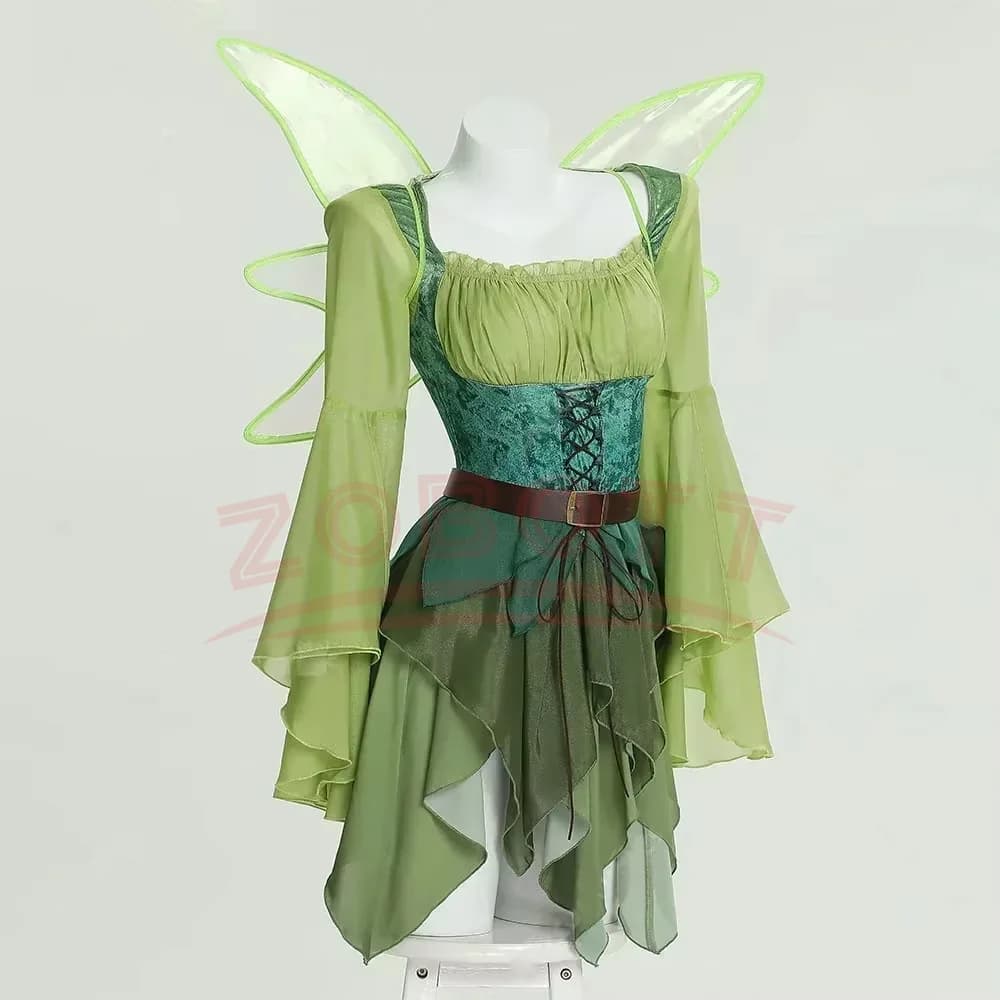Elfo da donna Abito da fata verde medievale Abito da elfo magico e cintura con ali Costumi cosplay di Halloween Costume da elfo di ruolo