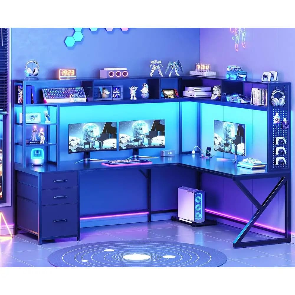 Scrivania da Gaming a L con Spazio di Archiviazione, Hutch, Presa di Corrente, Luci LED e Pannello Forato, Scrivania Nera da 94,5 Pollici per Ufficio Domestico