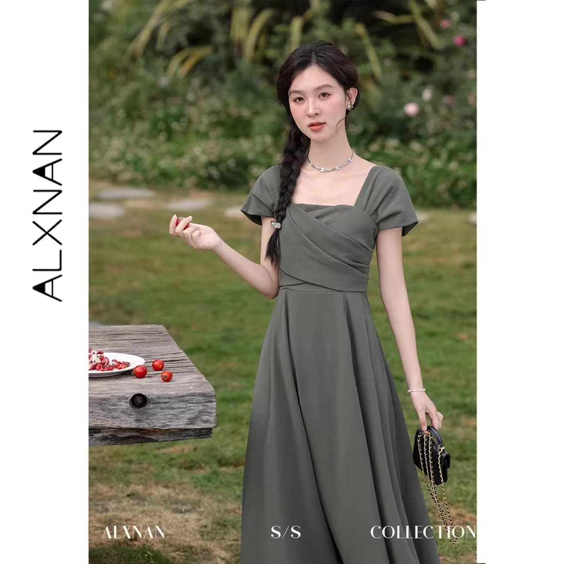 ALXNAN Abito midi grigio verde da donna taglie forti, elegante abito estivo con colletto quadrato per feste e vacanze, abiti lunghi da donna D03206