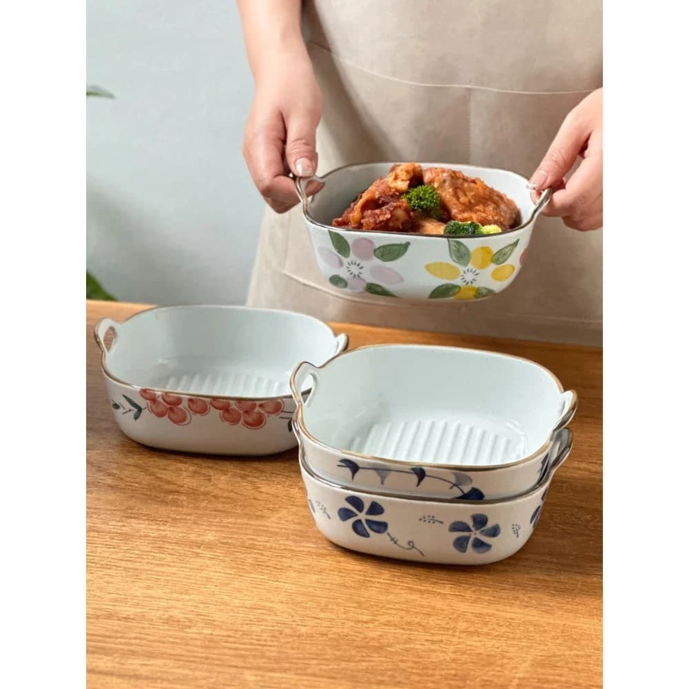 Japanese style ceramic bowl Hand painted plants Food container for domestic use double ears Vegetable salad Fried chicken bowls