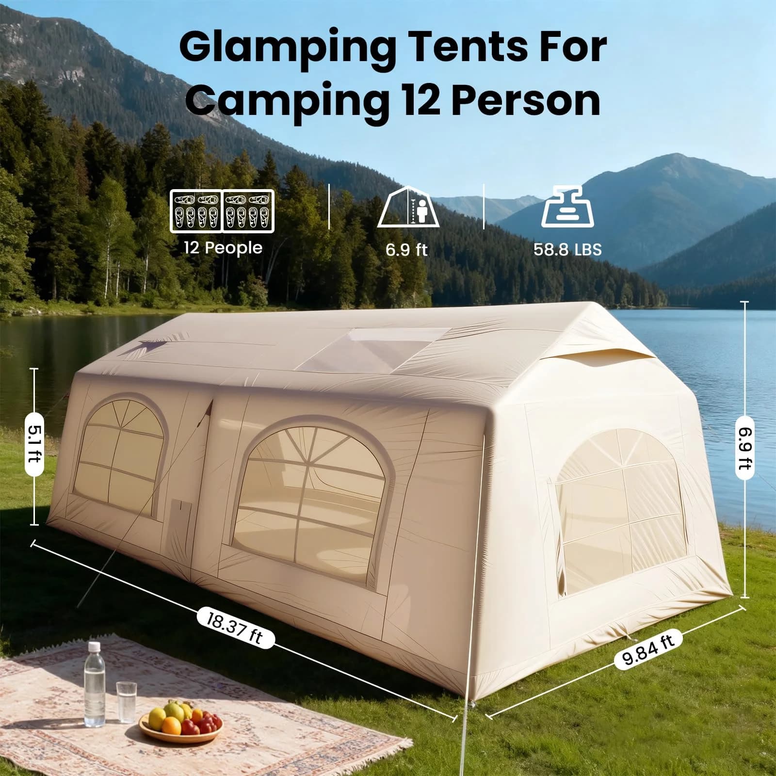 Inflatable Camping Tent For 12 People, Large Single Layer, Oxford Cloth PVC Portable, Fast Build 2 Doors, With Pump, Waterproof,