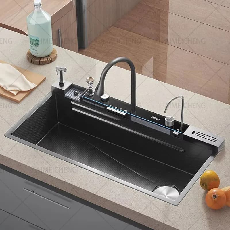 Hot selling stainless steel cascade kitchen sink with knife holders Set of faucets with embossed digital display with extra large single slot