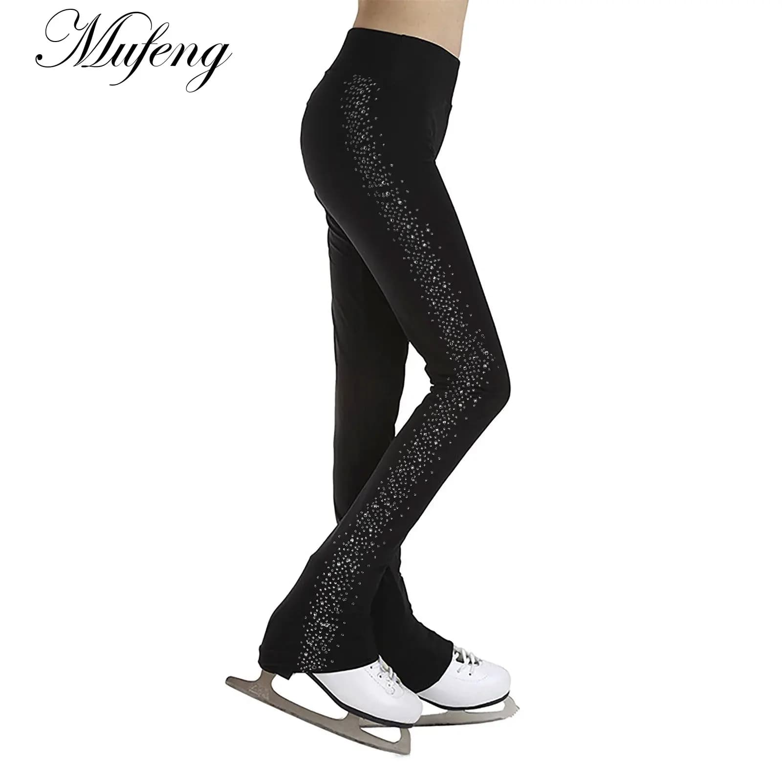 Pantaloni da pattinaggio di figura per ragazze adolescenti Strass laterali Leggings per pratica di pattinaggio su ghiaccio Ginnastica Collant da allenamento per danza senza piedi